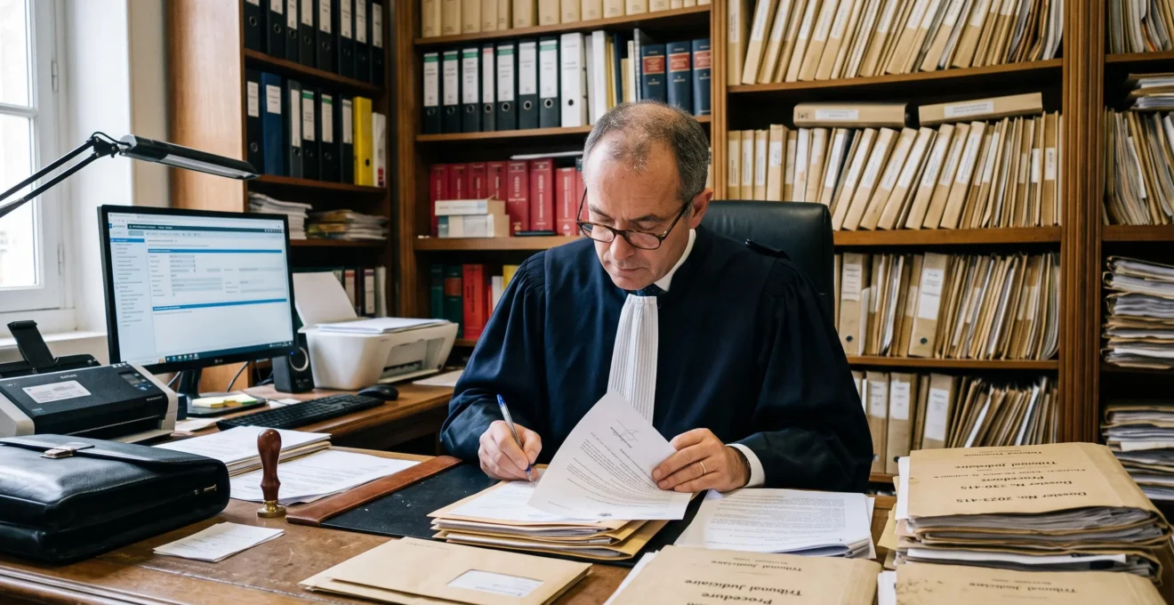 Huissier de justice préparant l'envoi d'une lettre recommandée électronique dans son étude